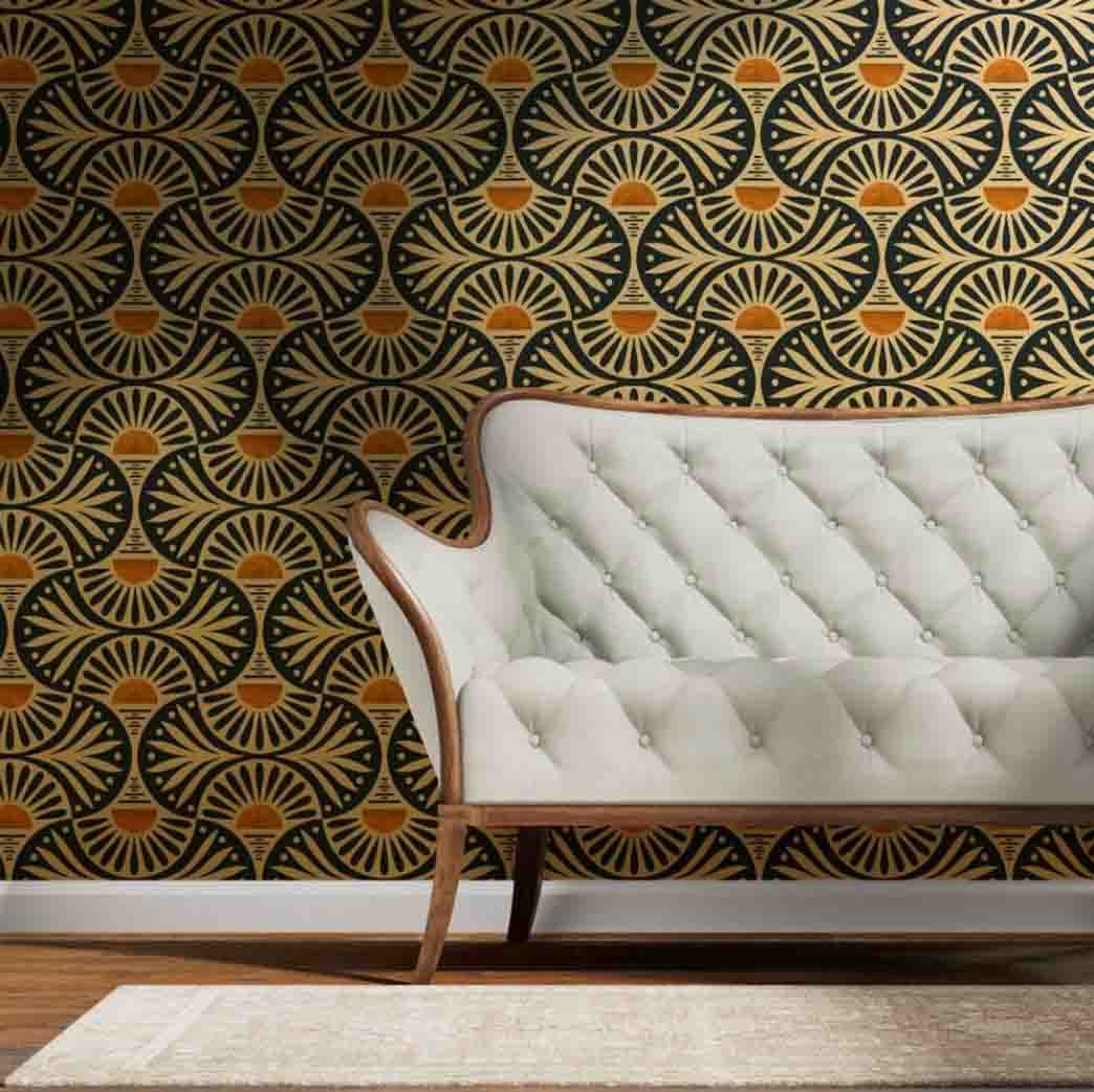 Art Deco Sunset And Leaves Wallpaper in gold, orange and black