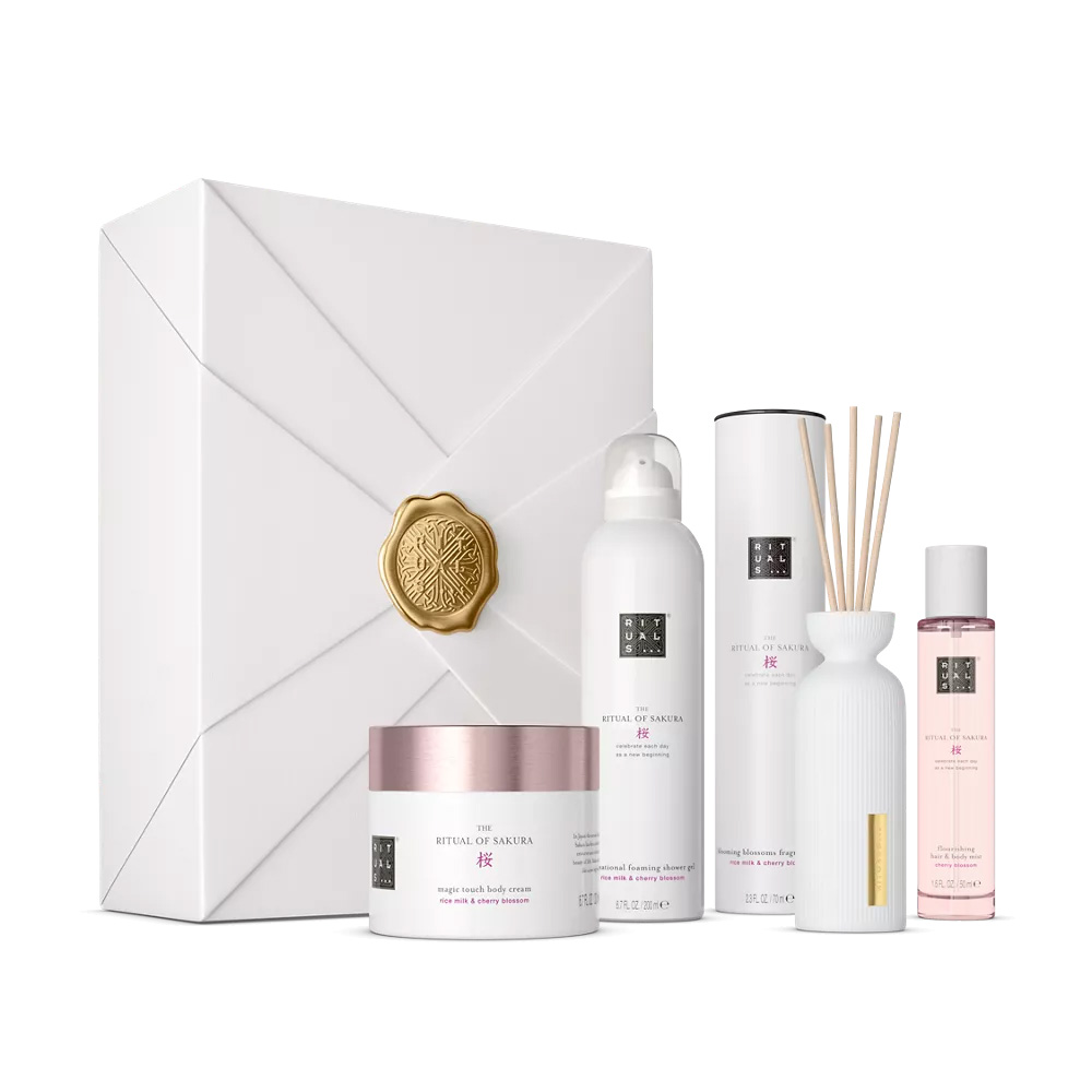 The Ritual of Sakura Renewing Collection gift set in a wrapped white box