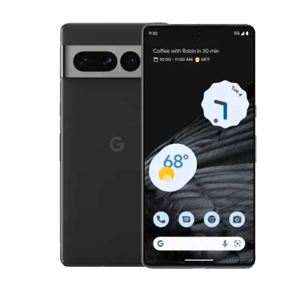 Google Pixel 7 Pro front and back view in black