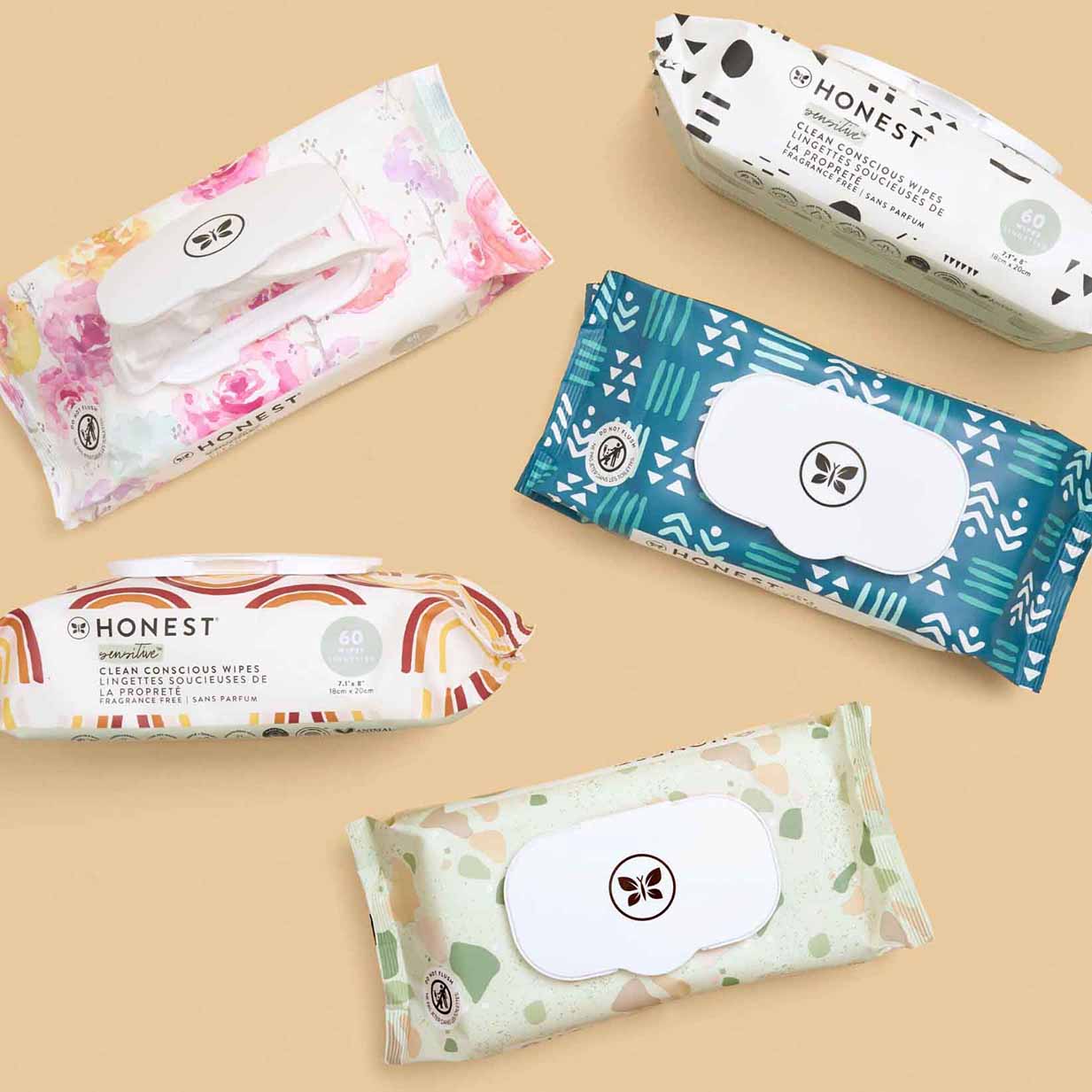 Honest baby wipes in different designed packaging