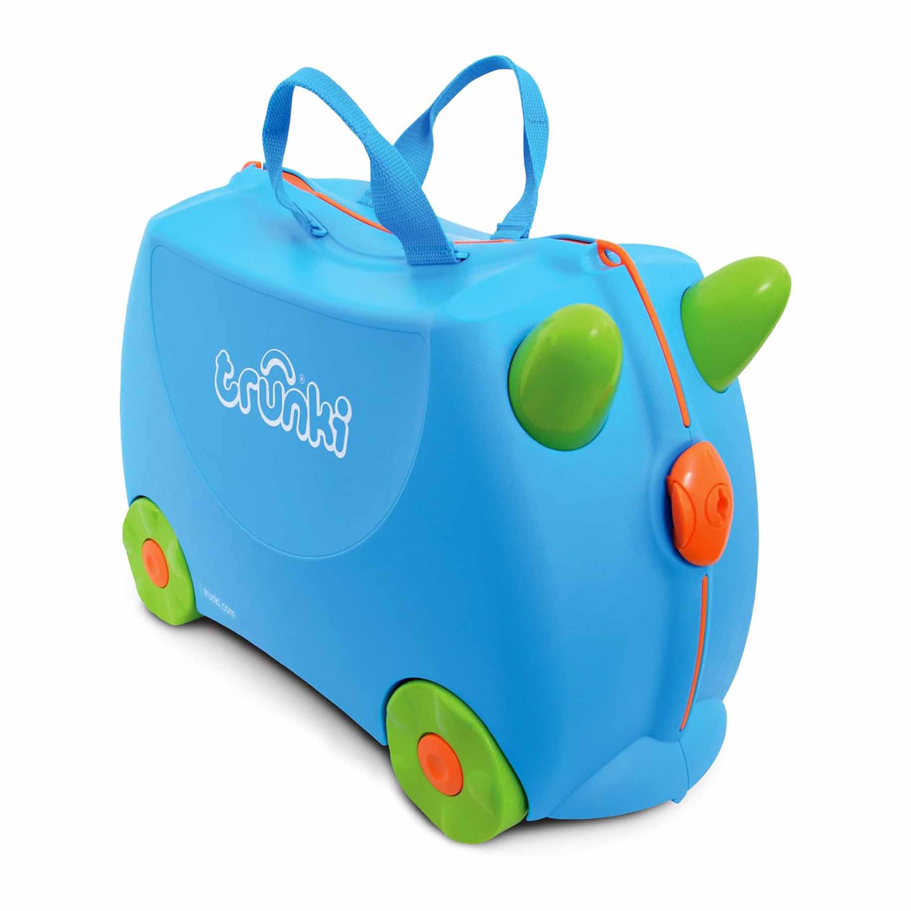 Trunki ride on suitcase in blue, green and orange with handle and comfy saddle