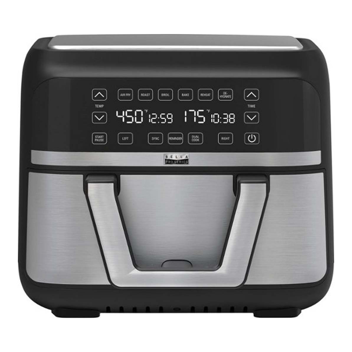 black and grey stainless steel Bella Pro Series 9-qt. Digital Air Fryer with Dual Flex Basket