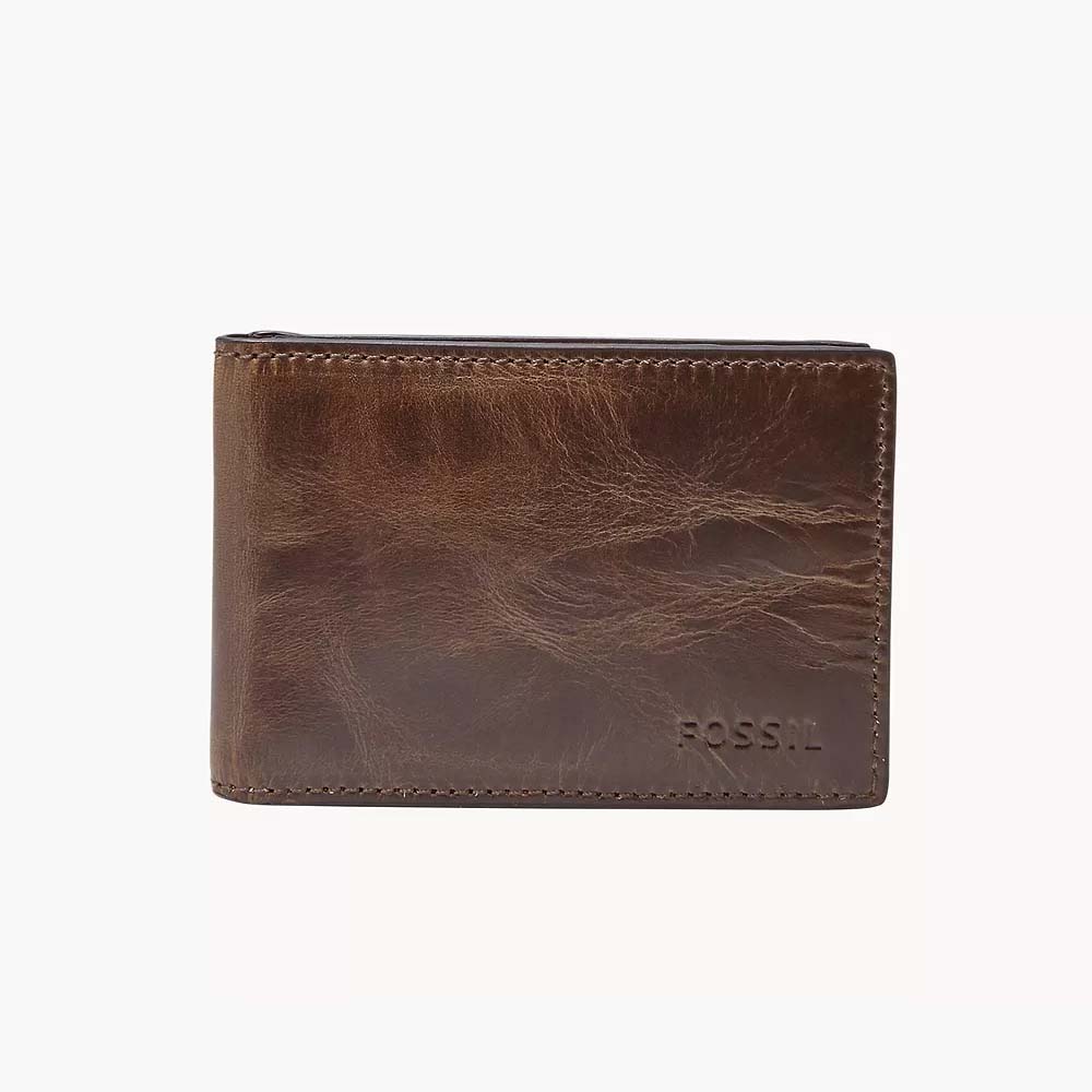 Derrick Leather Money Clip Bifold Wallet in dark brown