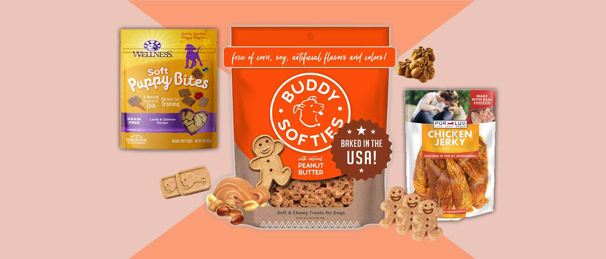 Collage of dog treats and treats in packets against a coral background