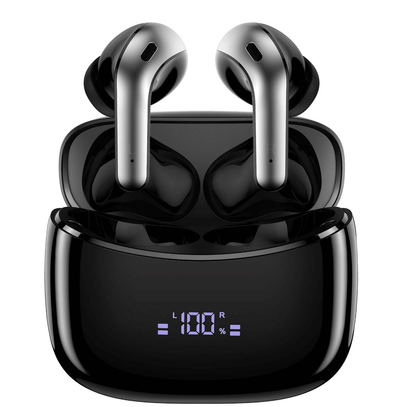 Black earbuds with battery indication