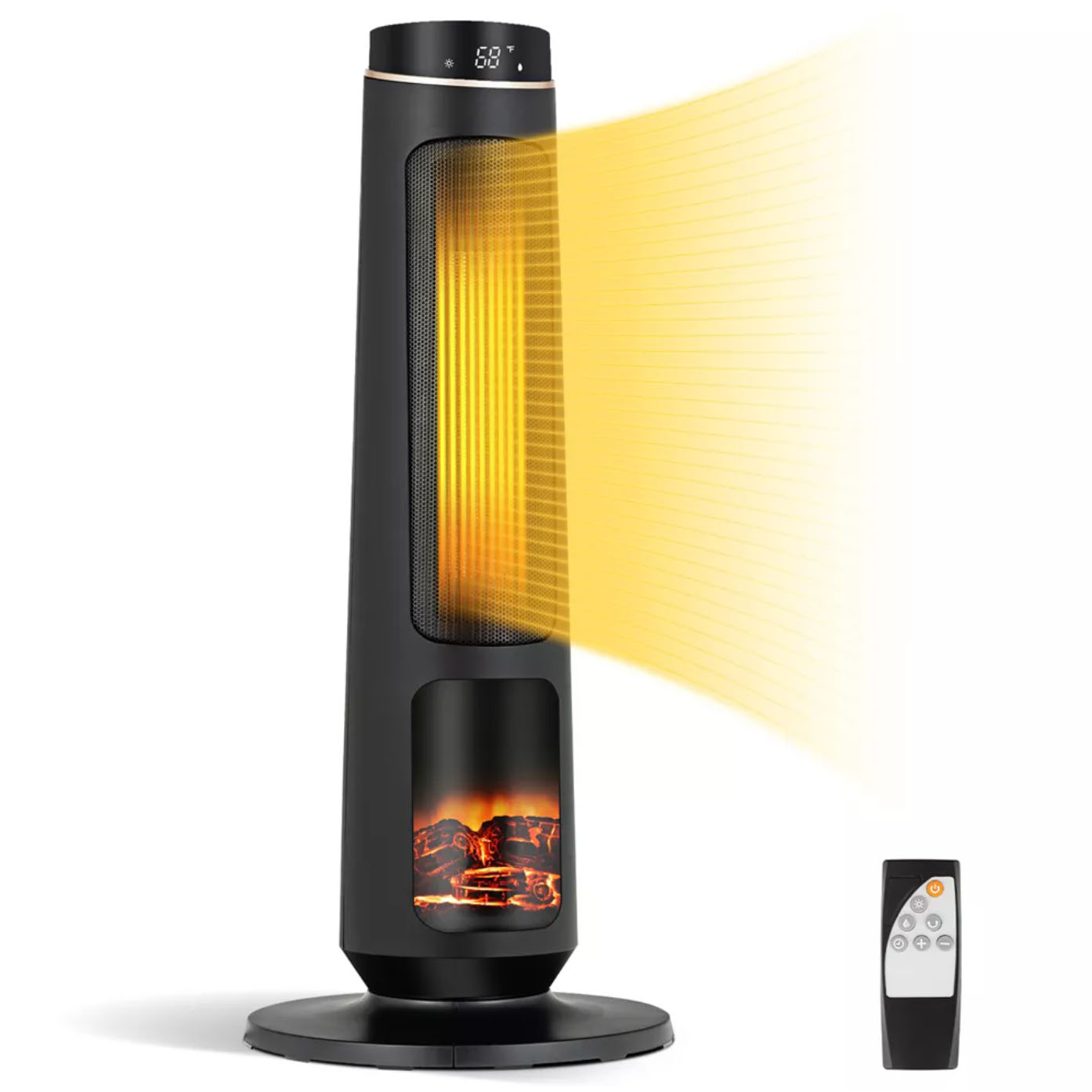 Black cylinder heater with 3D flame effect and remote