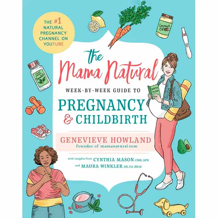 Book cover in aqua and white with illustrations for The Mama Natural Week-By-Week Guide to Pregnancy and Childbirth