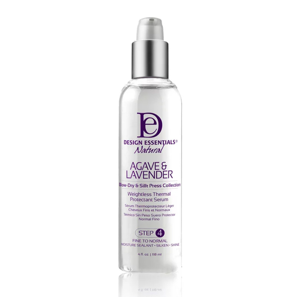 a silver bottle of Design Essentials Agave & Lavender Weightless Thermal Protectant Serum