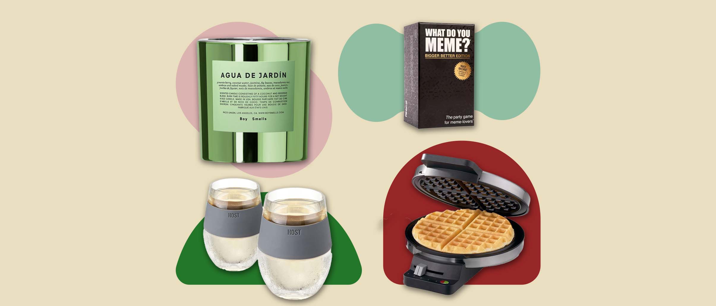 Image of candle, waffle maker, card game and wine glasses