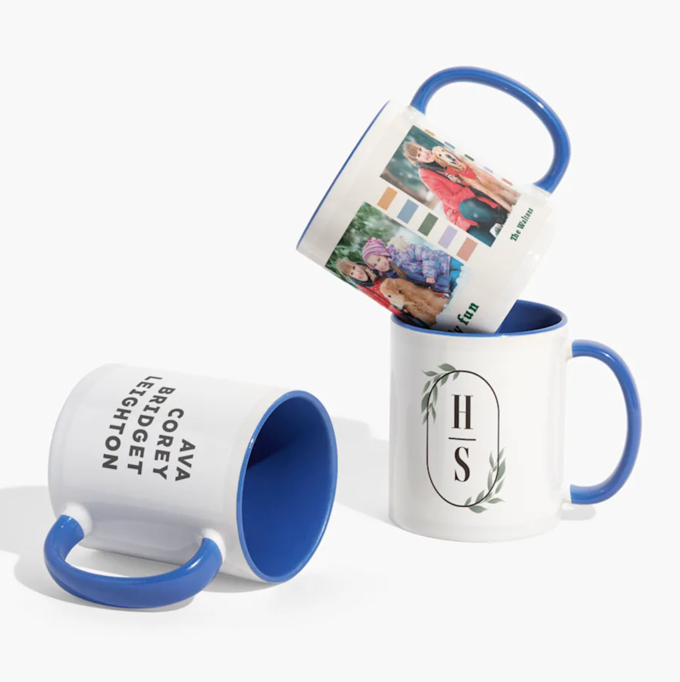 three mugs with printed designs