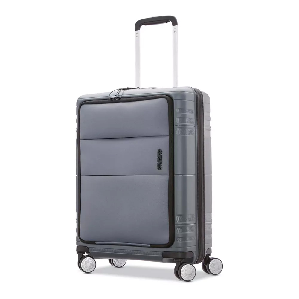 large gray spinner suitcase with extended handle