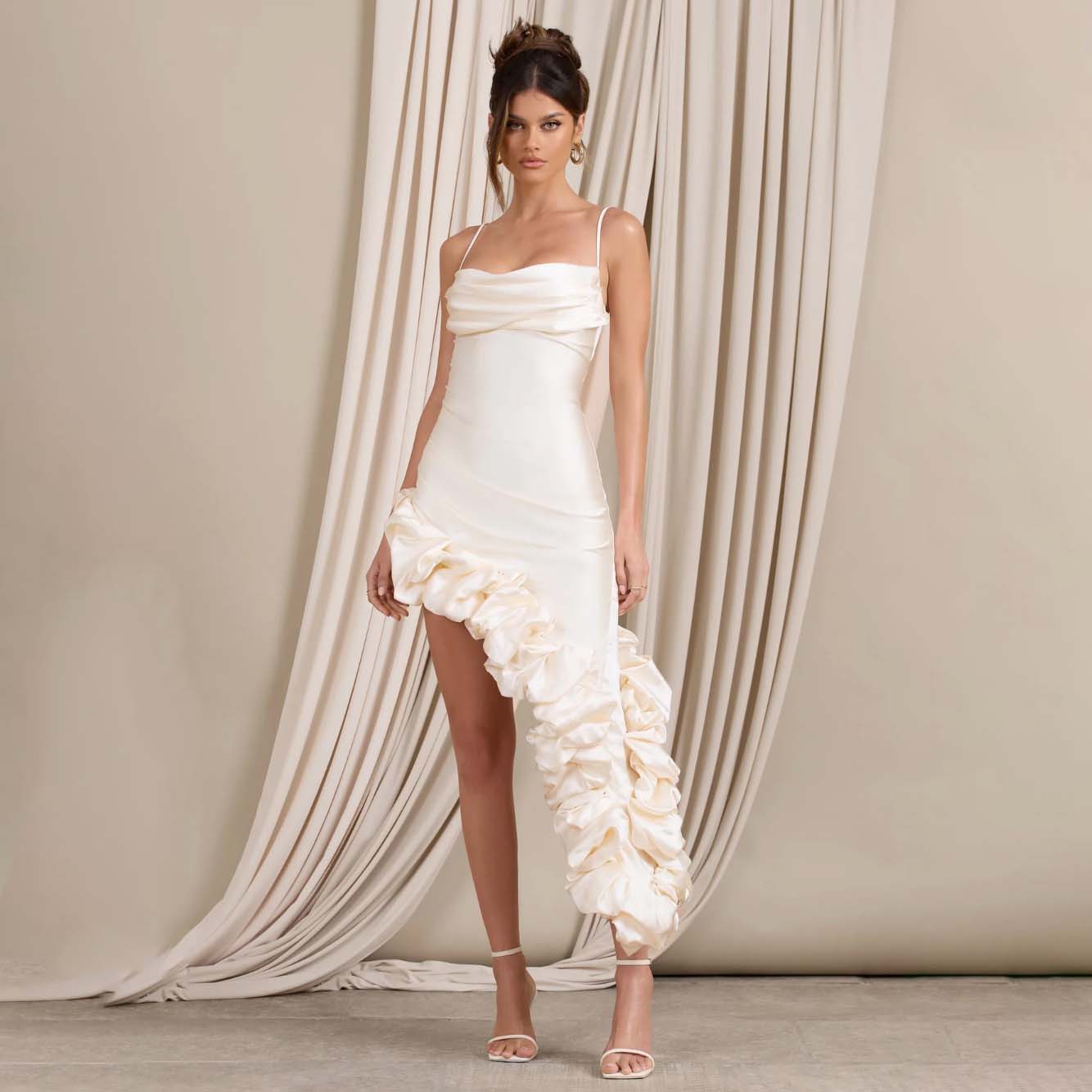 Woman wearing off White Satin Asymmetric Ruffle Cowl Midi Dress