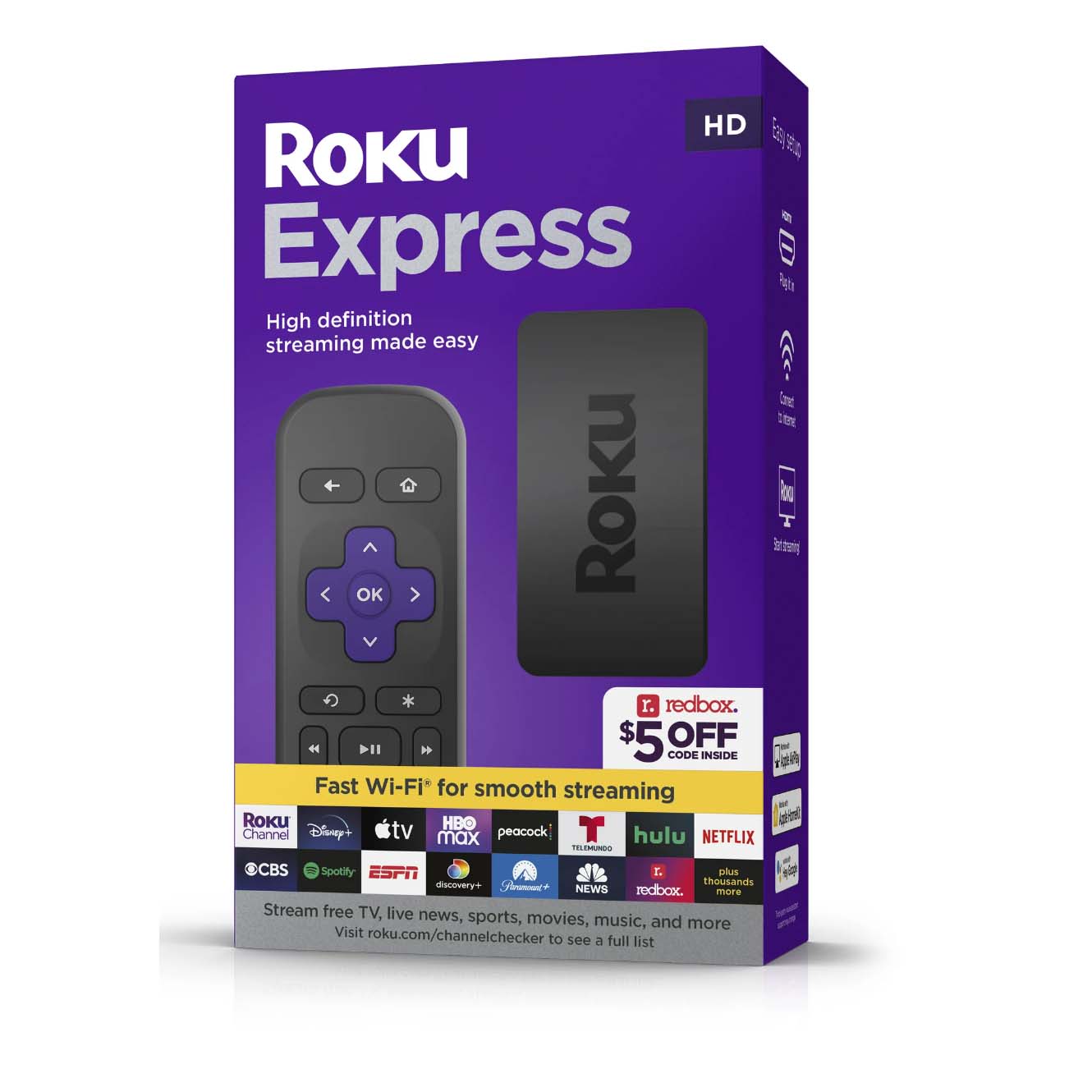 Roku Express Streaming Device in purple box packaging