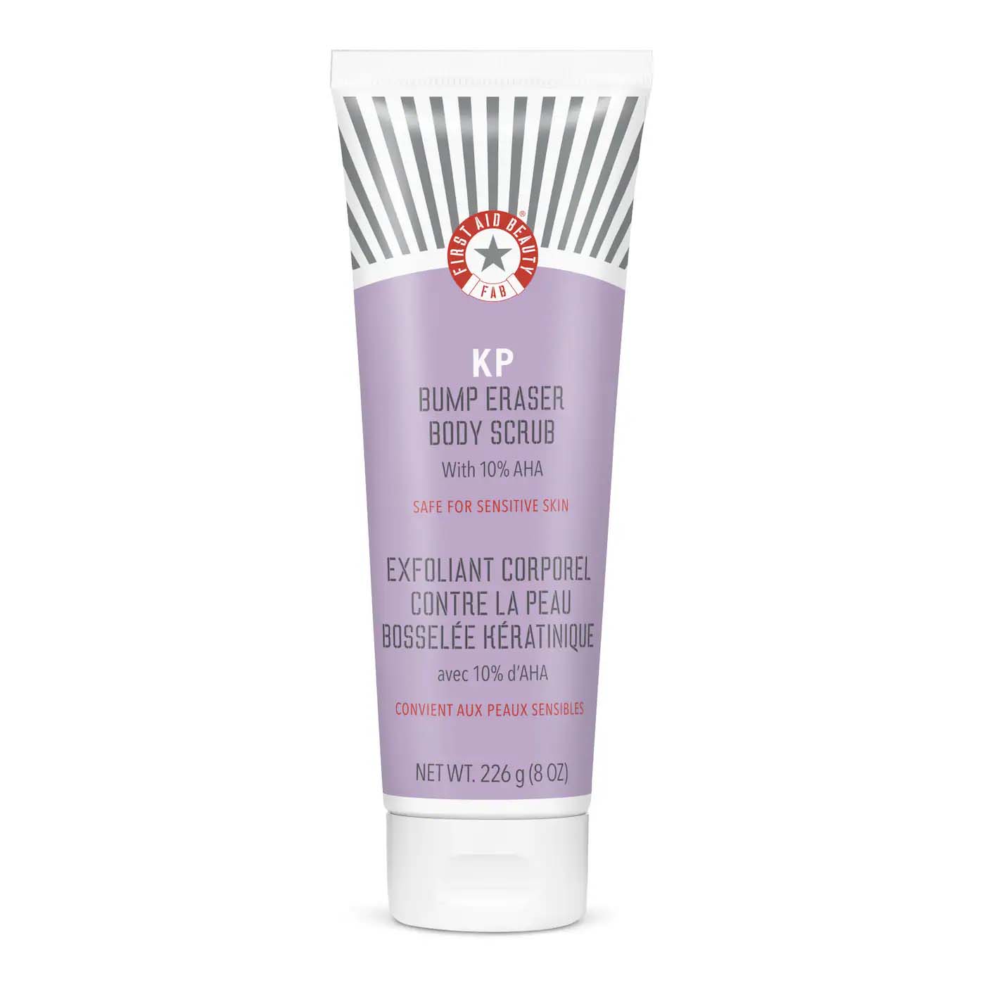 purple bottle of First Aid Beauty KP Bump Eraser Body Scrub with 10- AHA