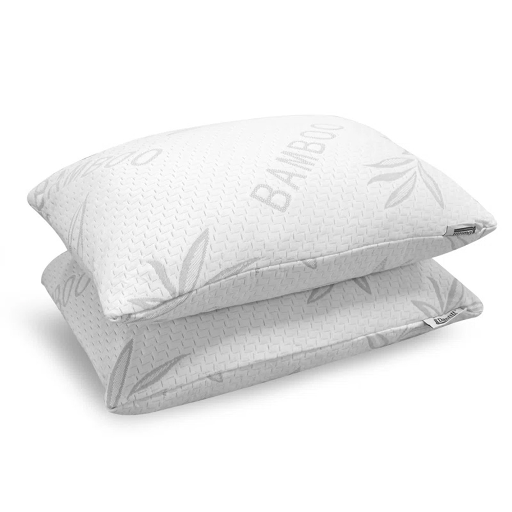 two Eile Firm Cooling Pillows in white with grey leaf print
