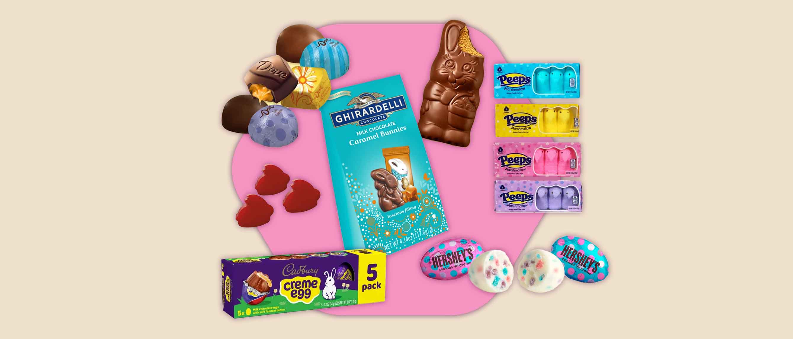Collage of different easter candy and chocolate against and pink and cream background