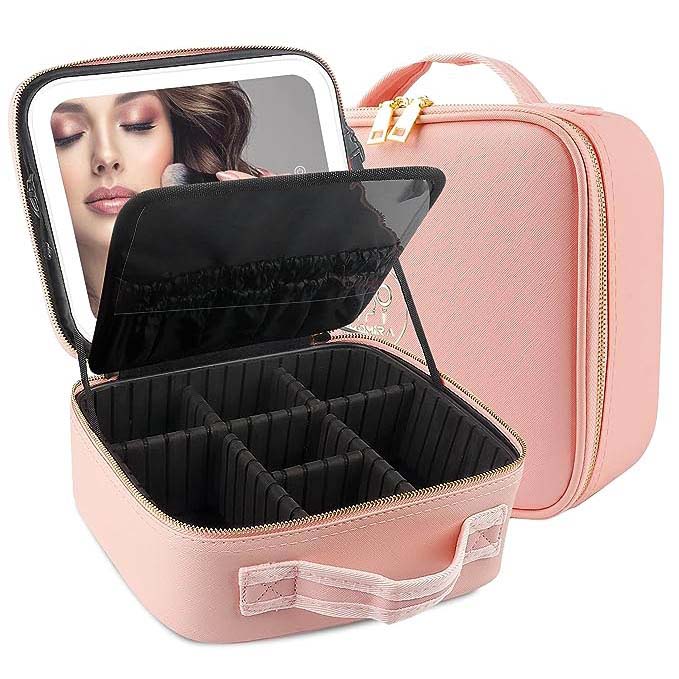 Makeup bag with attached mirror and partition