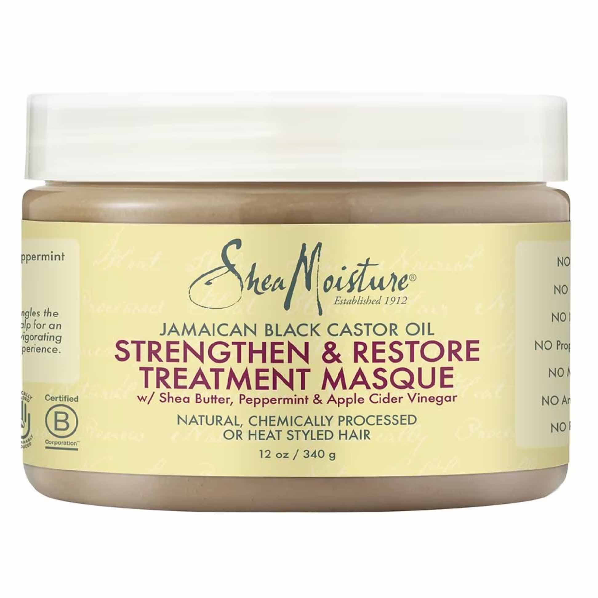 SheaMoisture Treatment Masque with black castor oil in white jar