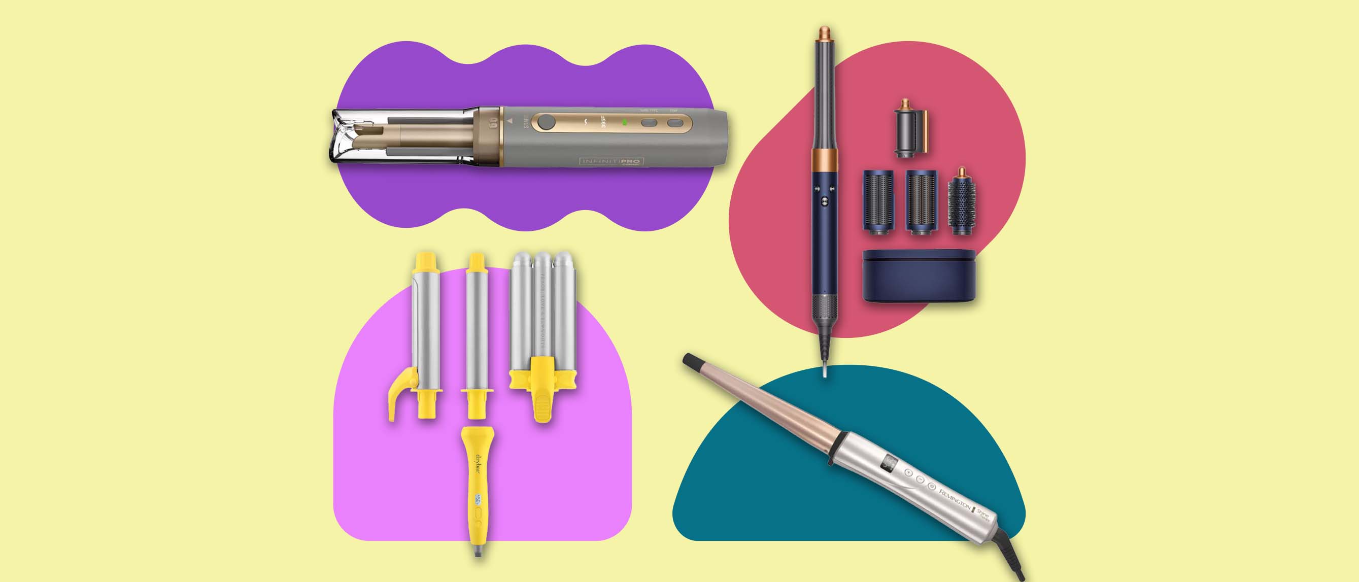 Image of four types of hair curlers including Dyson, Drybar, InfinitiPro and Remington