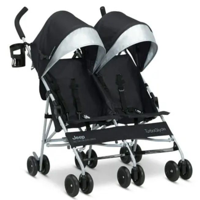 Jeep side by side stroller with silver accent on canopy