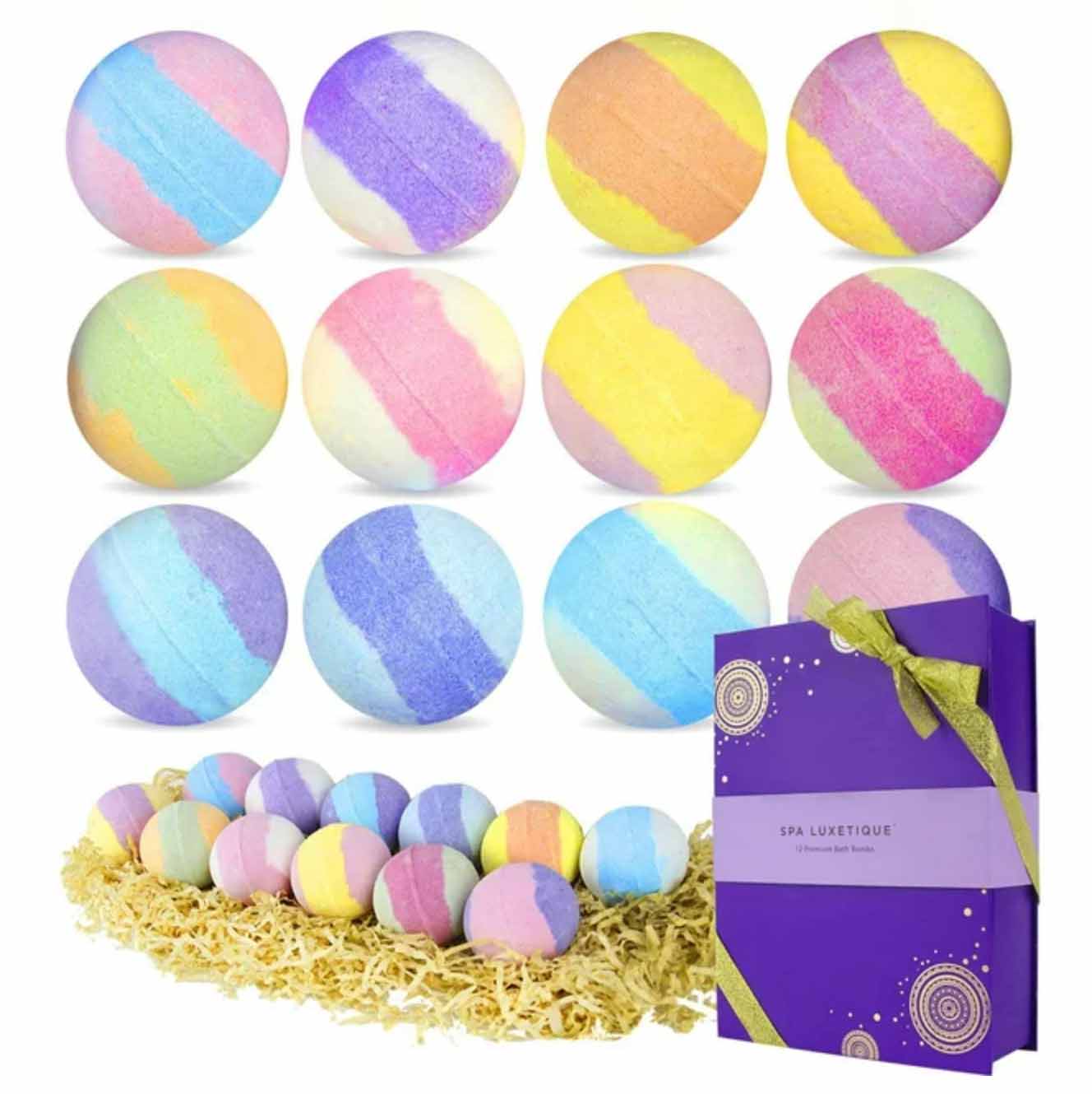 Colorful bath bombs and a purple box packaging