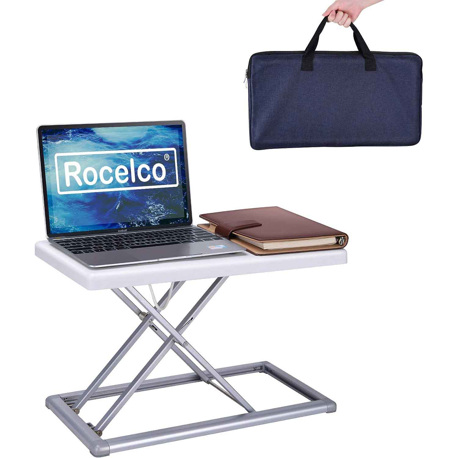 white desk converter with laptop, notebook and laptop bag
