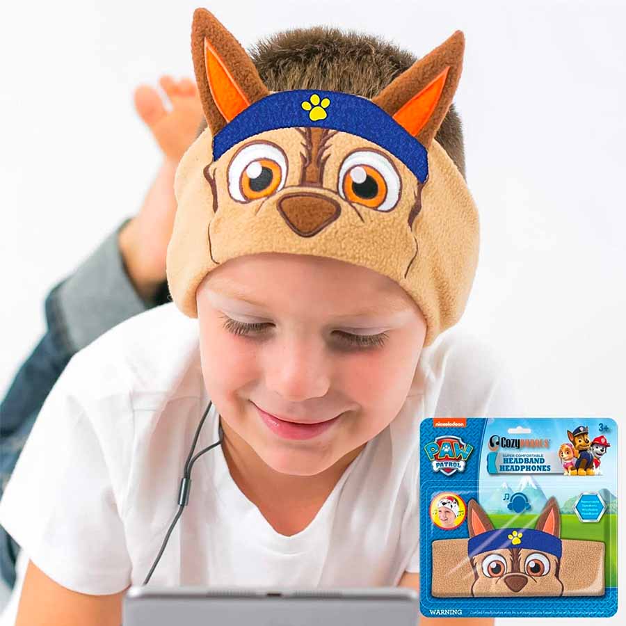 boy wearing paw patrol headband headphones