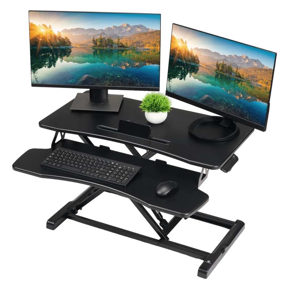 black desk converter with two monitor and keyboard