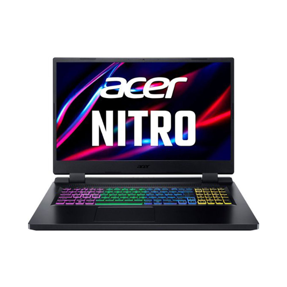 the Acer Nitro 5 17.3-Inch Laptop in black with a pink, green, blue and yellow keyboard