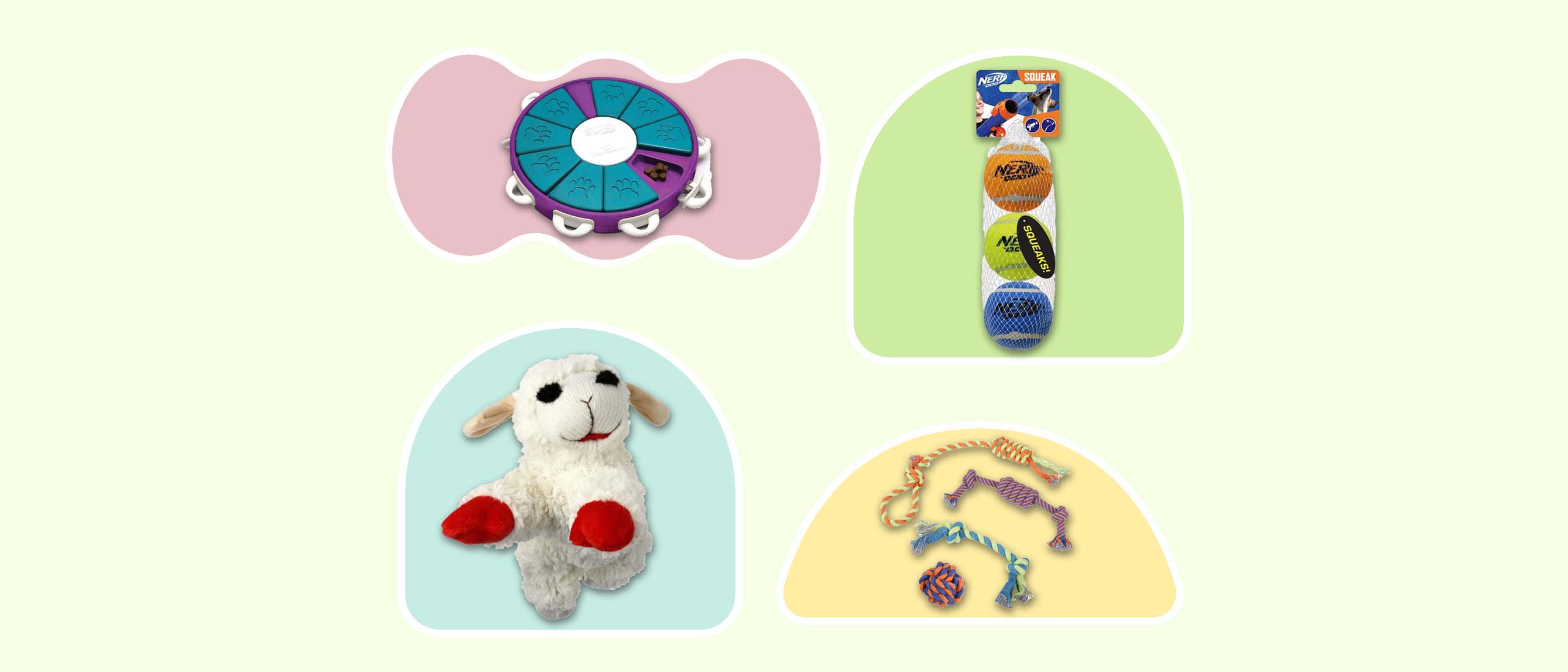 four of the best dog toys including a puzzle, stuffed toy, set of ropes and tennis balls