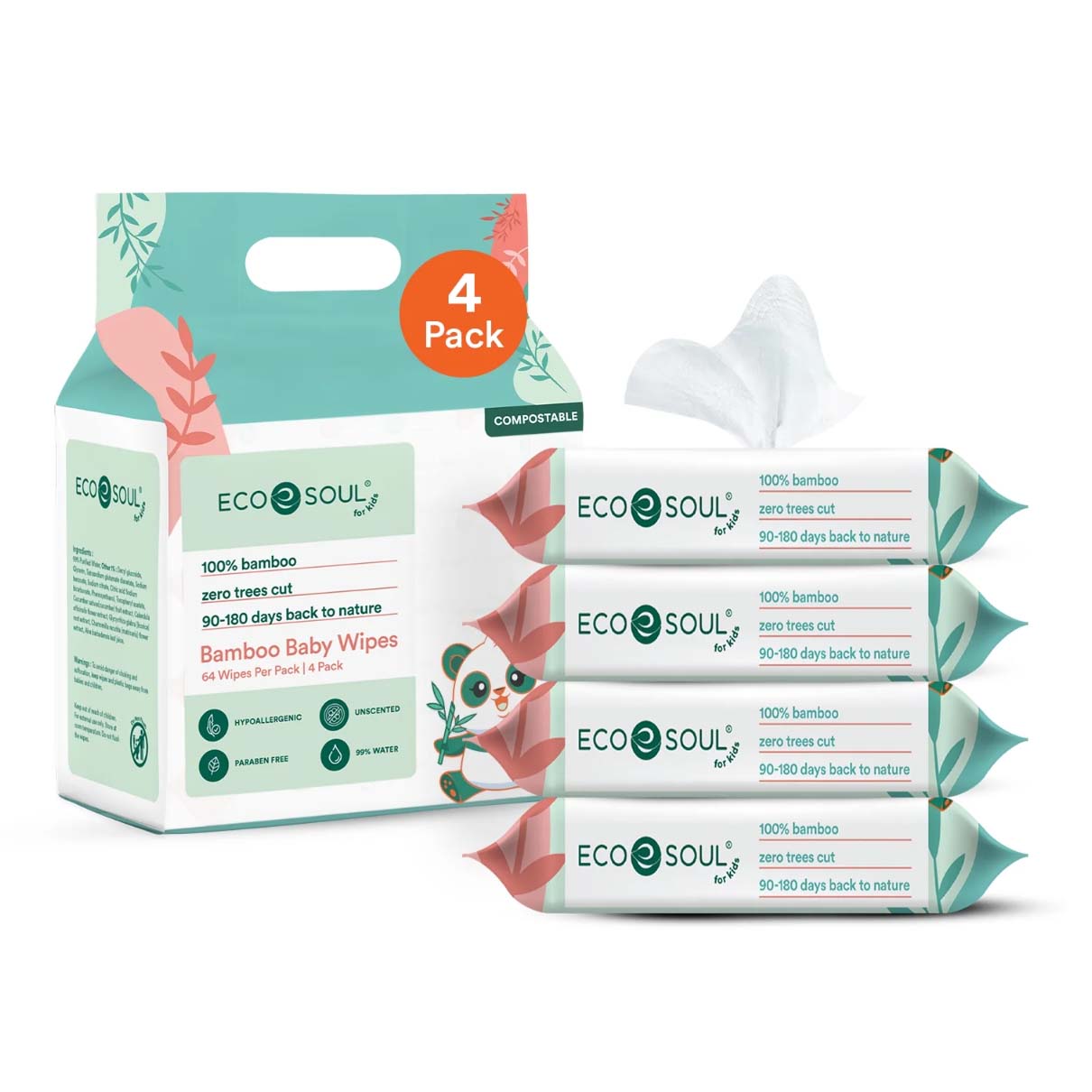 Stacks of Eco Soul baby wipes in white and green packaging