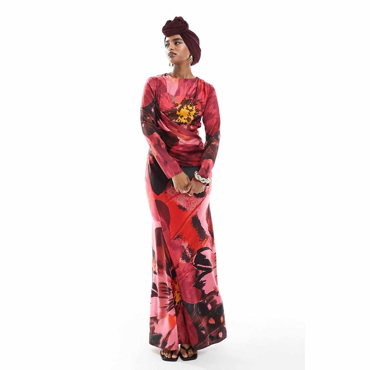 model wearing ASOS DESIGN Satin Drape Detail Maxi Dress in pink and red