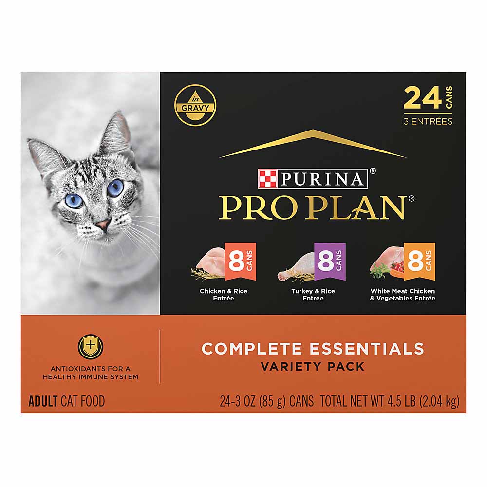 Purina Pro Plan Complete Essentials Adult Wet Cat Food in black and orange packet