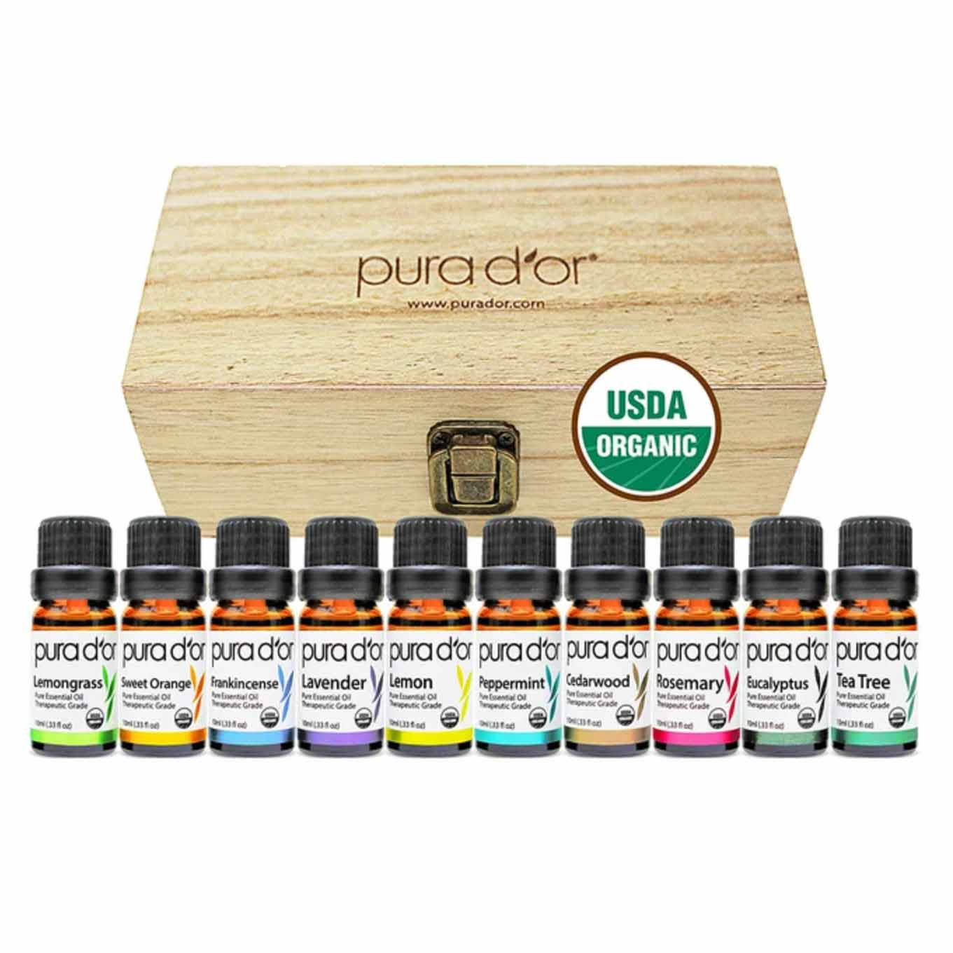 Sets of 10 essential oils and wooden box