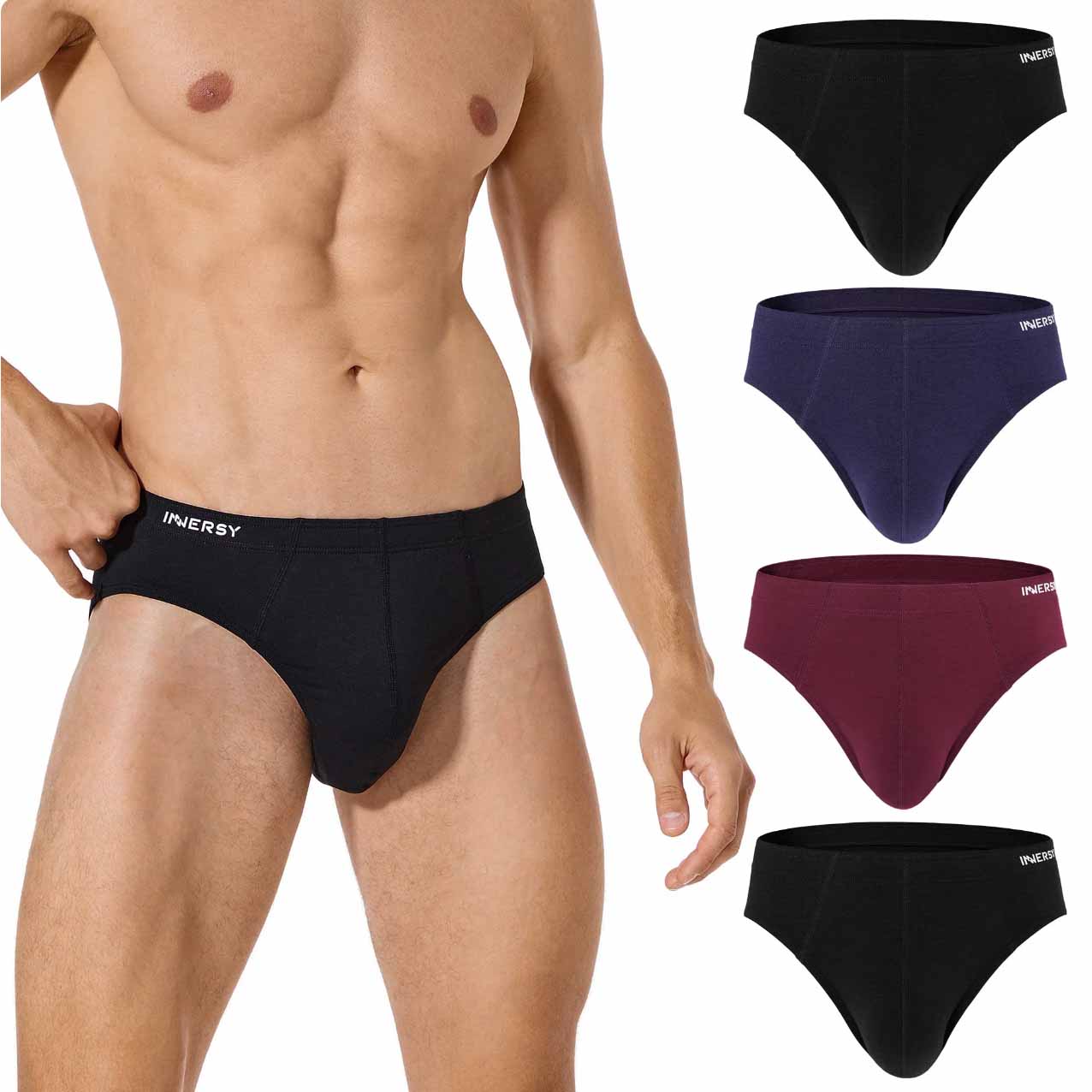 Men wearing underwear and display of INNERSY underwear in 4 colors