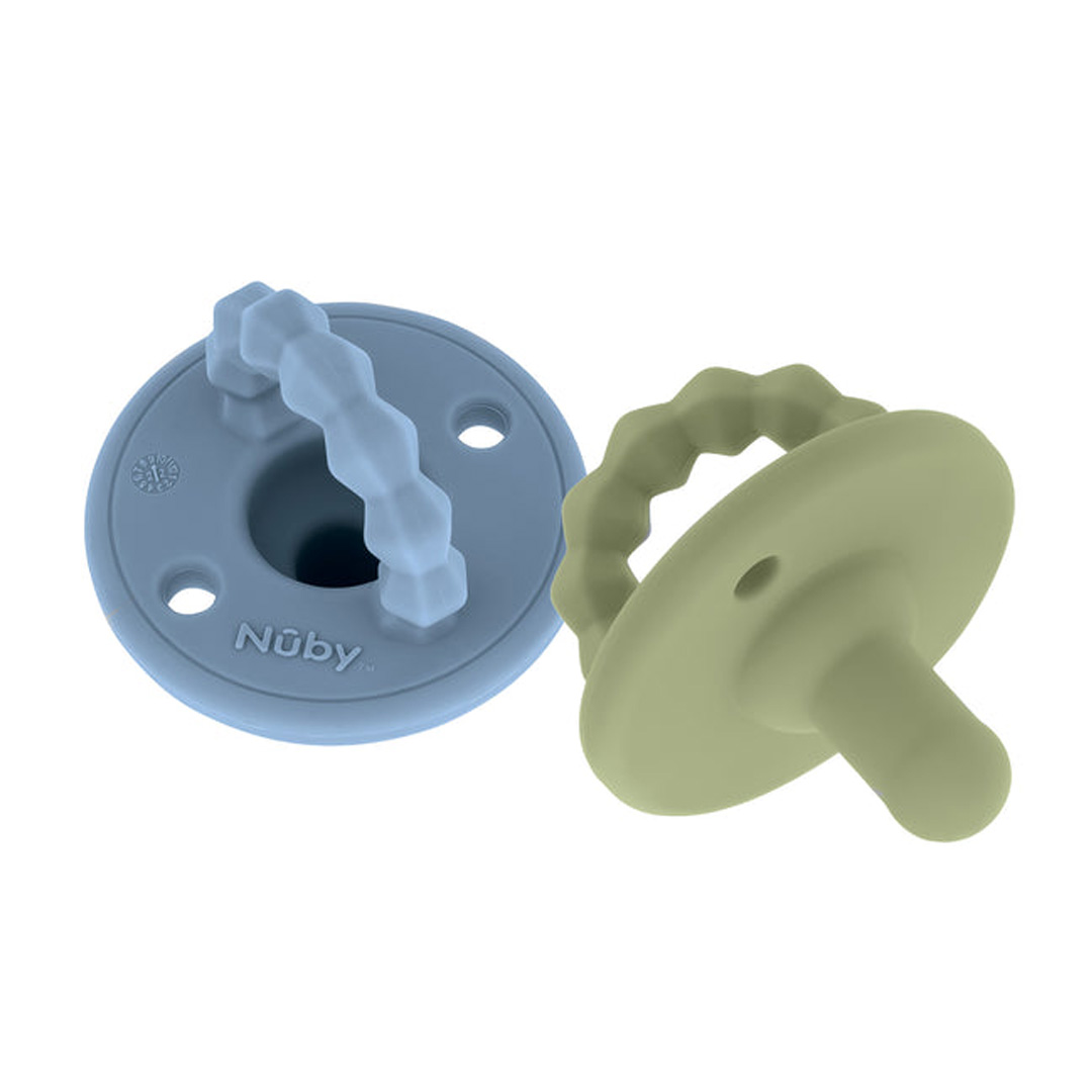 two silicone teether pacifiers in blue and green 