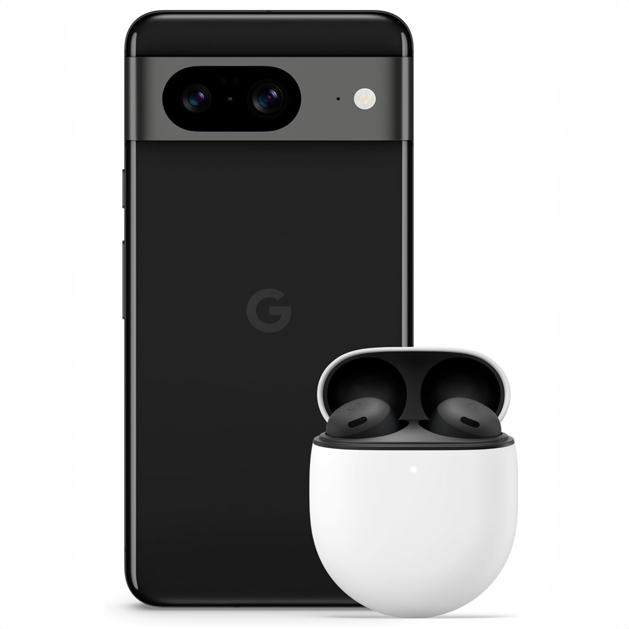 Back view of Pixel 8 and Pixel Buds Pro