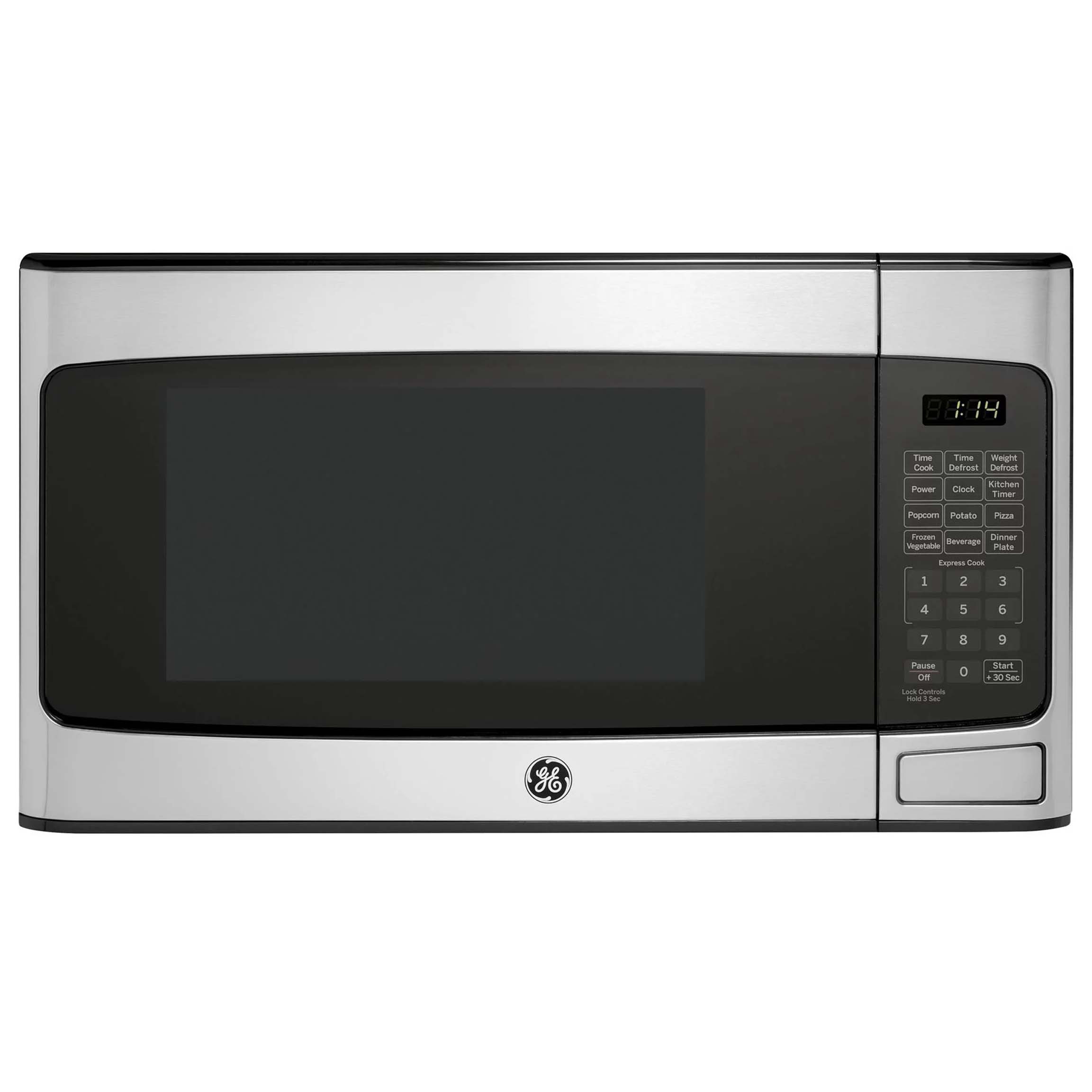black and silver stainless steel microwave with push buttons