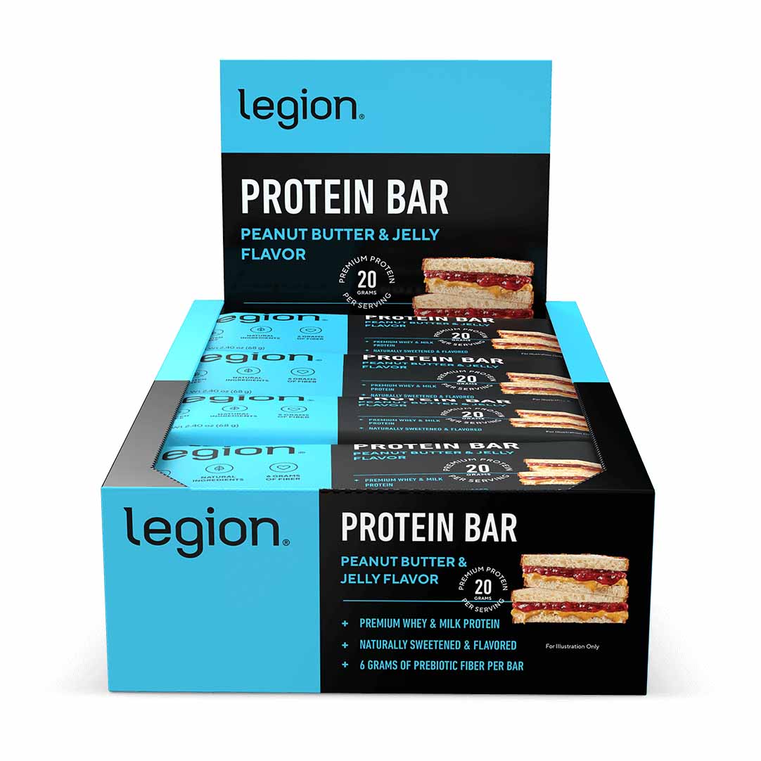 Legion Natural High-Protein Bars in blue and black box