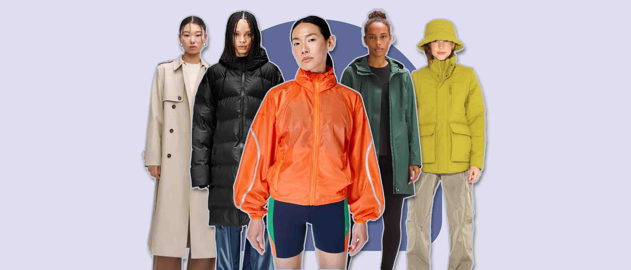 five models wearing jackets from mango, lululemon, sweaty betty, halfdays and Rains