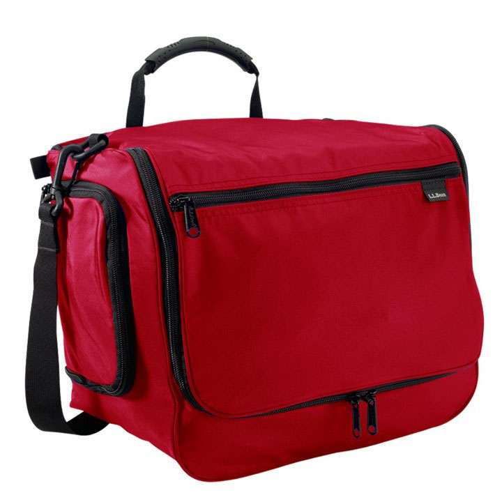Red toiletry bag with top handle