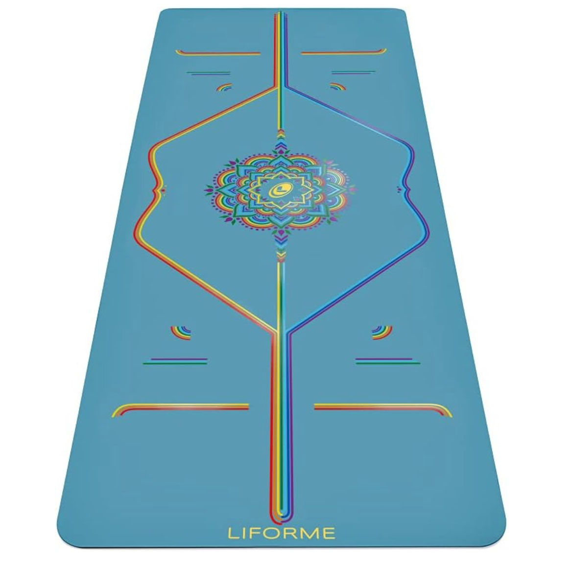 Blue yoga mat with colorful lines