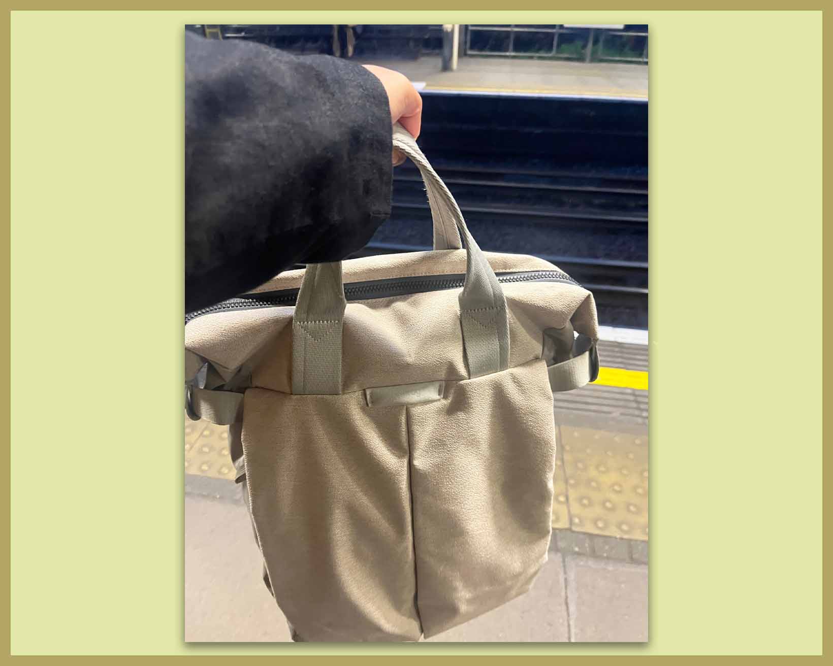 carrying the Bellroy backpack from the handles on a commute 