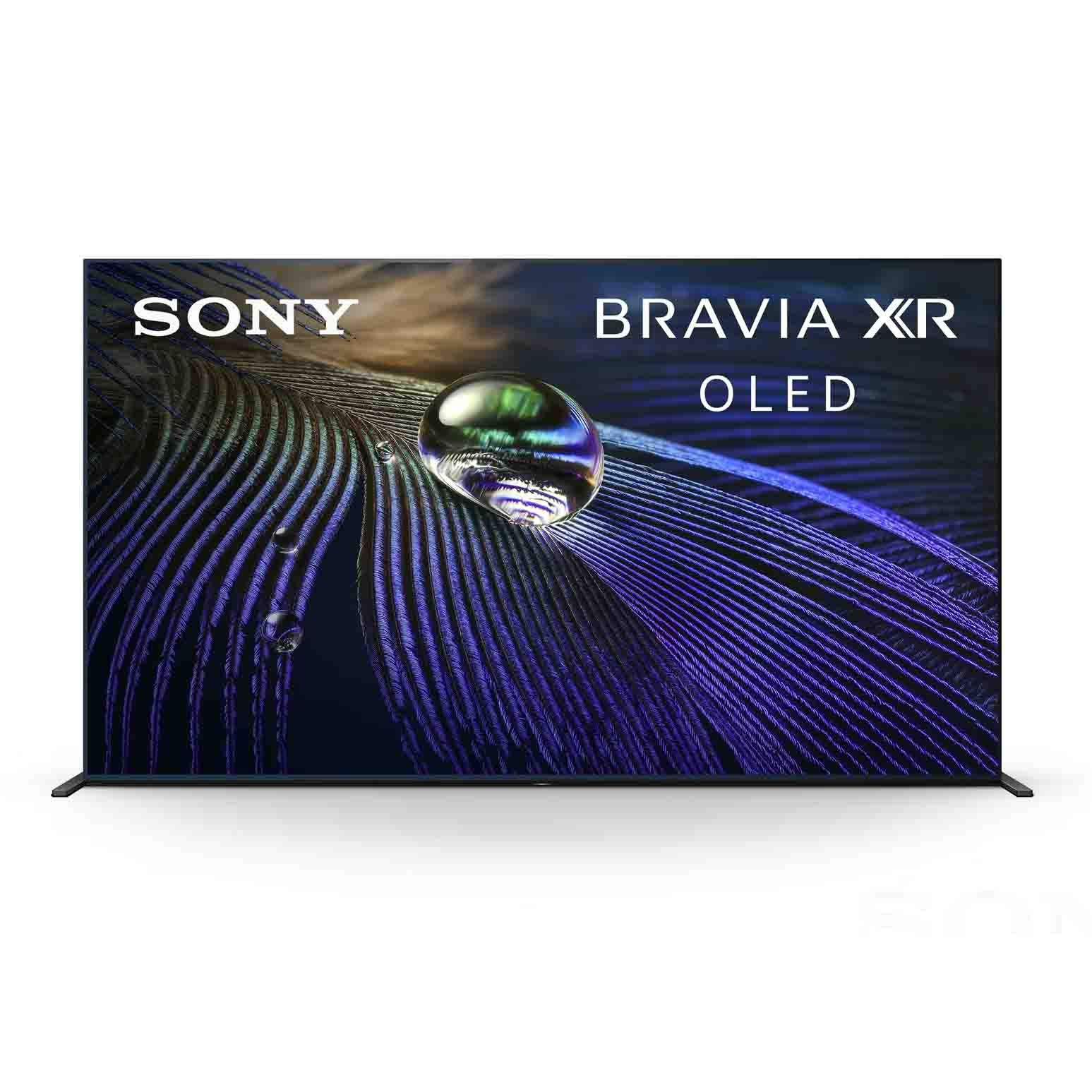 the BRAVIA XR 55-inch Class A90J Google TV in black with a blue and purple screensaver