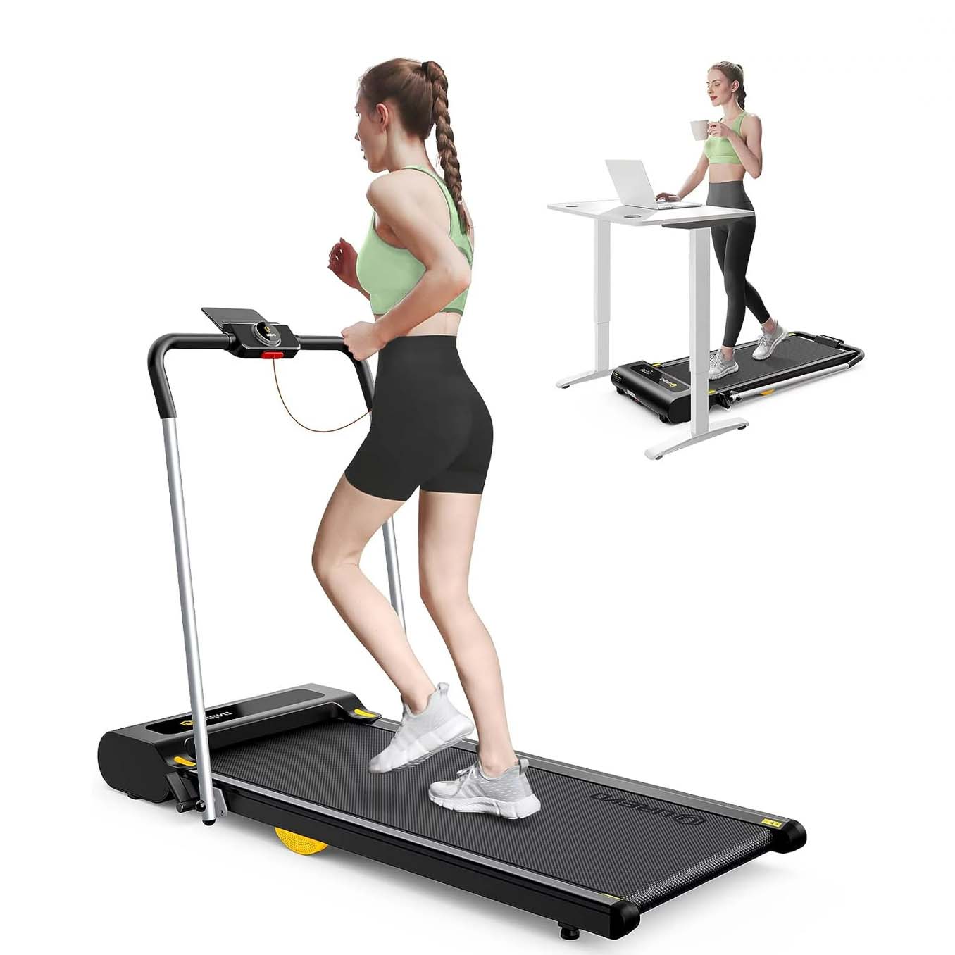 Woman working while walking on treadmill