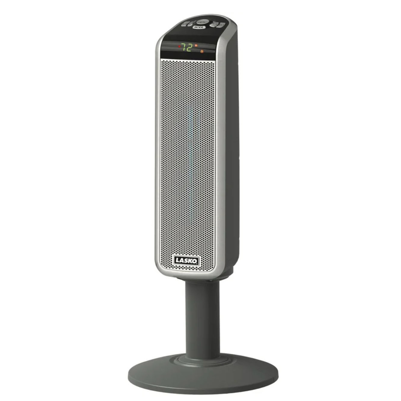 Blue and silver heater on a stand