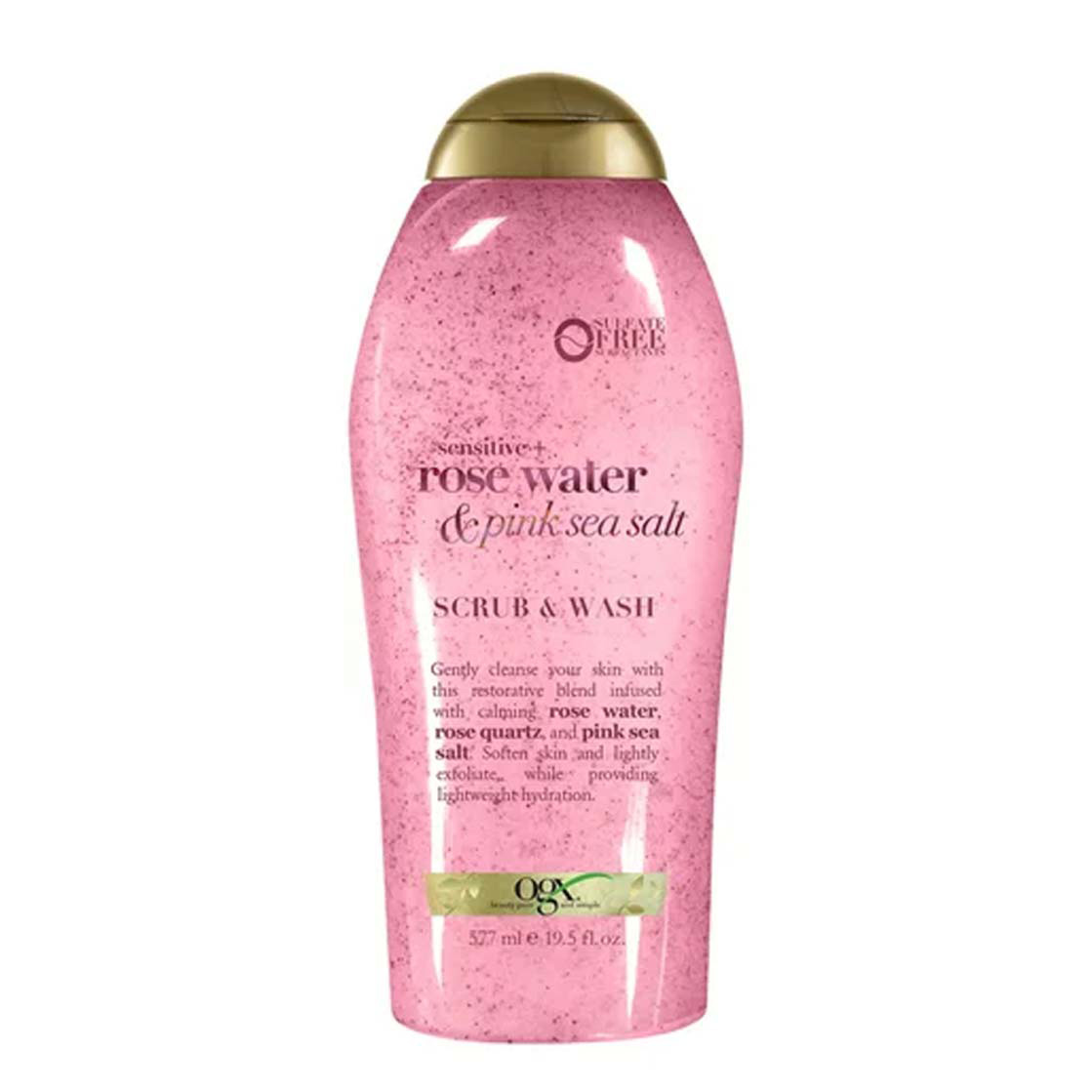 pink bottle of OGX Sensitive + Pink Sea Salt & Rosewater Sulfate-Free Soothing Body Scrub with Healing Rose Quartz