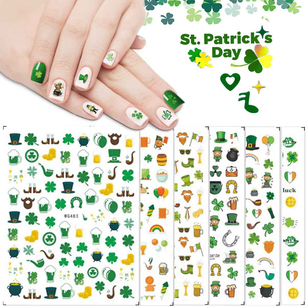 six sheet of St. Patrick's Day Nail Art Stickers Decals 