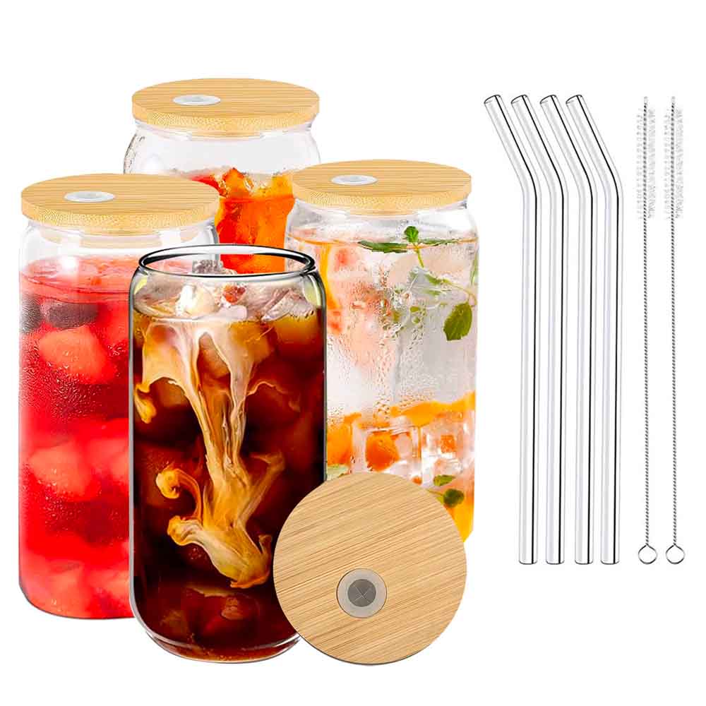 glass cups with lids, straws, and straw cleaner