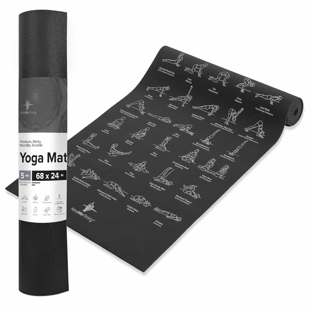 Black yoga mat with different yoga pose printed